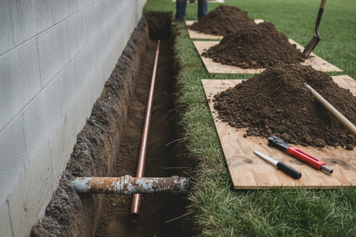Excavated water line trench during Sewer Line Repair in Latah